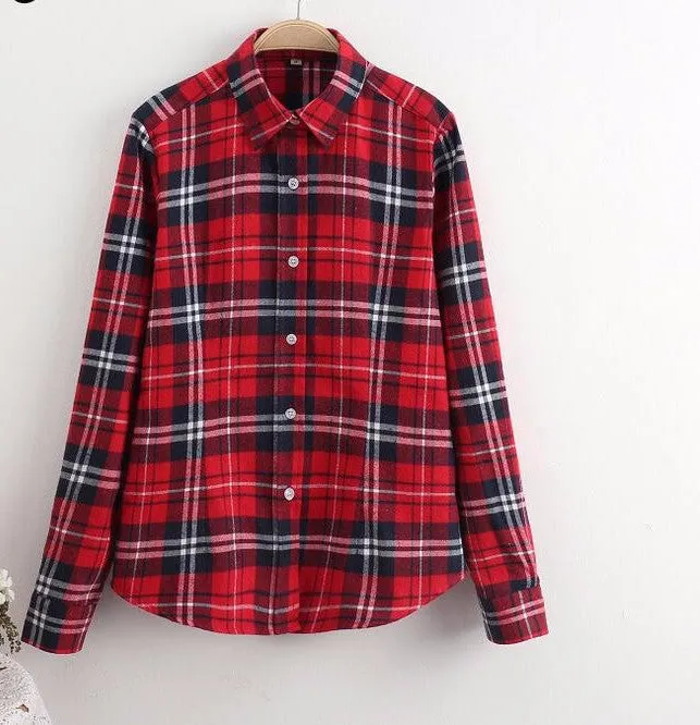 Cotton Plaid Women Shirts Blouses Long Sleeve Flannel Ladies Tops Plus Size 5XL Clothing For Women
