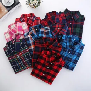 Cotton Plaid Women Shirts Blouses Long Sleeve Flannel Ladies Tops Plus Size 5XL Clothing For Women