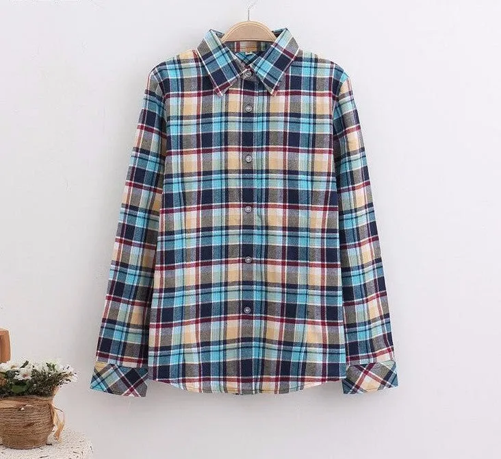 Cotton Plaid Women Shirts Blouses Long Sleeve Flannel Ladies Tops Plus Size 5XL Clothing For Women