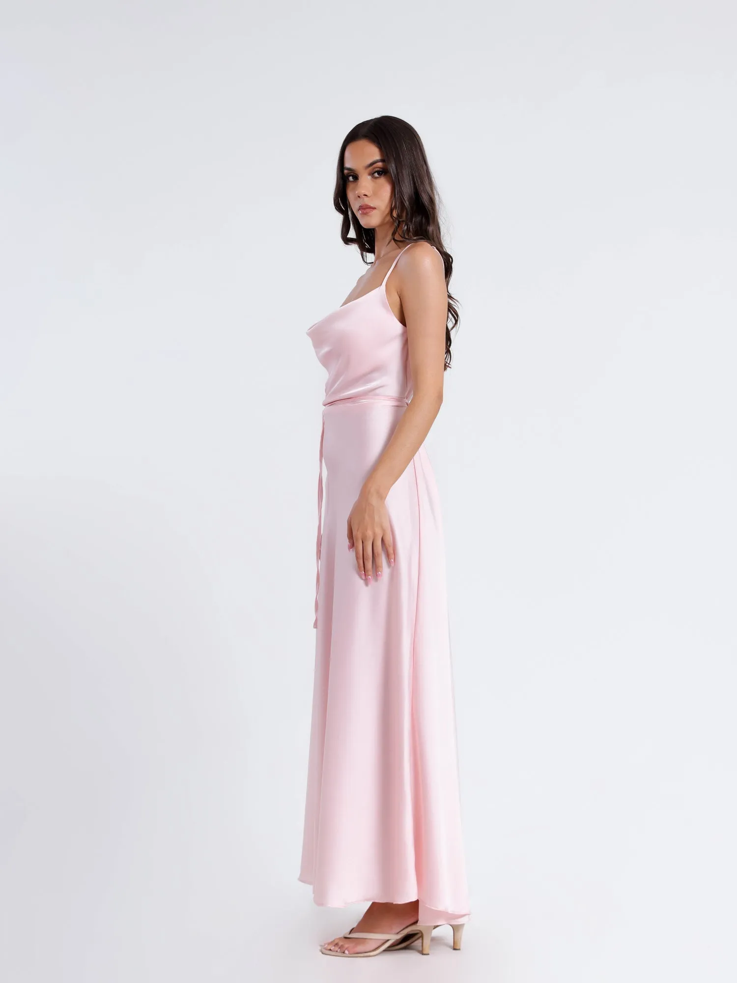 Cowl Neck Flared Satin Maxi Dress