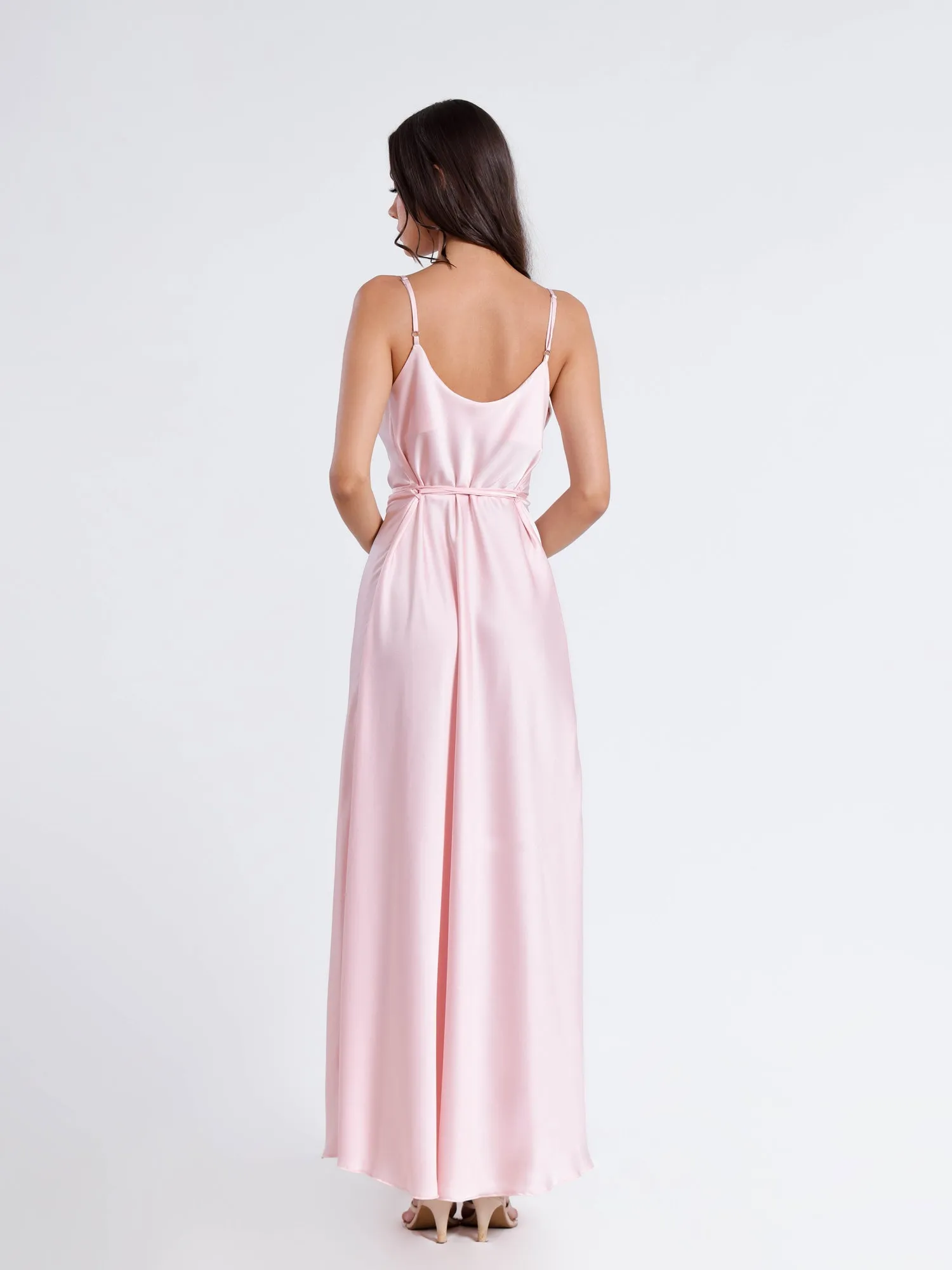Cowl Neck Flared Satin Maxi Dress