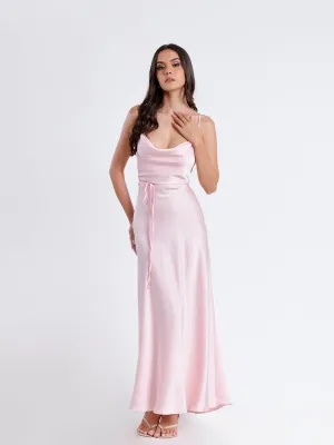 Cowl Neck Flared Satin Maxi Dress