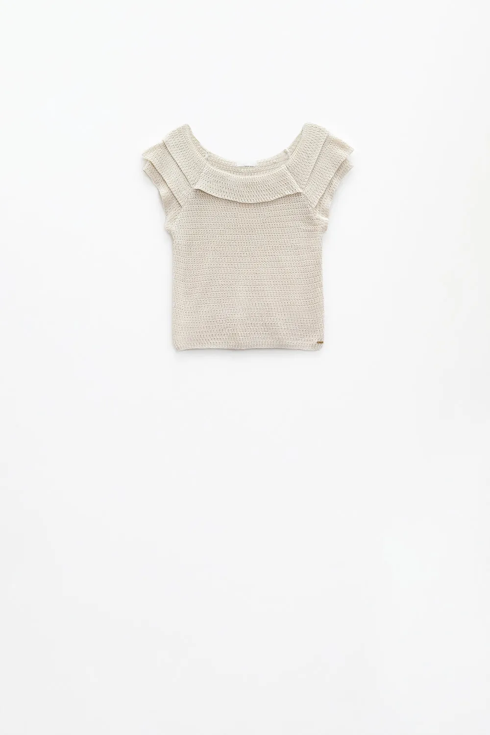 Cream Croched Short Sleeve Sweater With Boat Neck