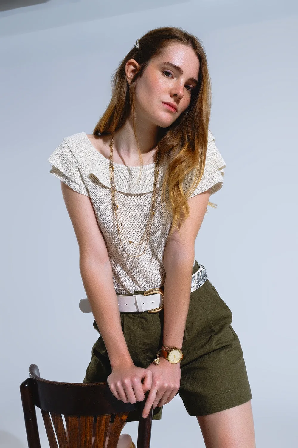 Cream Croched Short Sleeve Sweater With Boat Neck