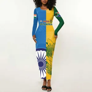 Custom India And South Africa Cricket Long Sleeve Bodycon Dress 2024 Together Dynamic Version LT14