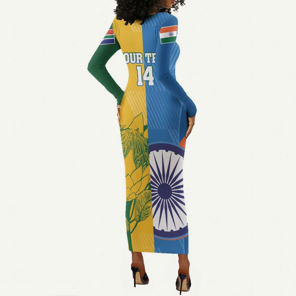 Custom India And South Africa Cricket Long Sleeve Bodycon Dress 2024 Together Dynamic Version LT14