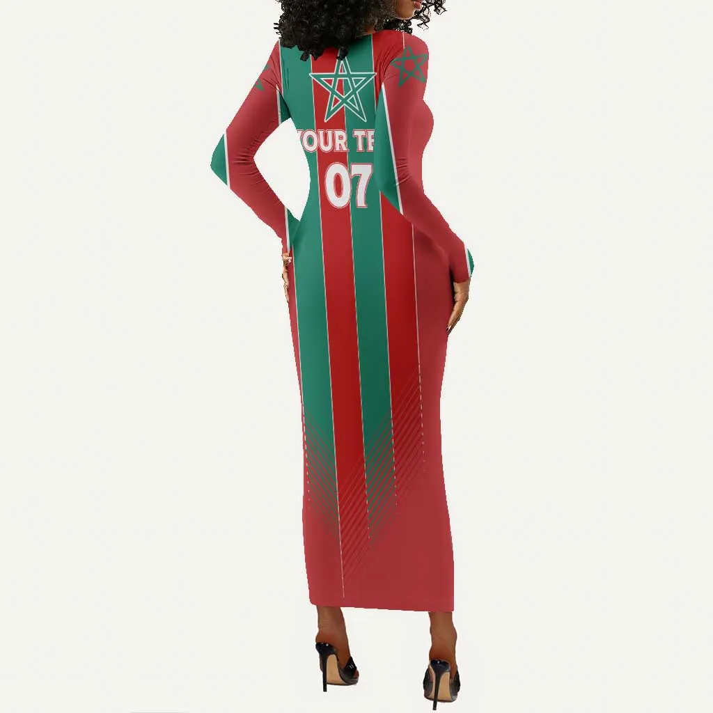 Custom Morocco Football Long Sleeve Bodycon Dress Nations Cup 2024 Atlas Lions LT7