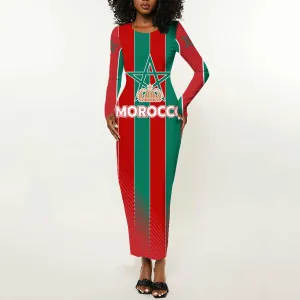 Custom Morocco Football Long Sleeve Bodycon Dress Nations Cup 2024 Atlas Lions LT7