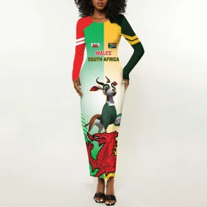 Custom South Africa And Wales Rugby Long Sleeve Bodycon Dress Springboks Welsh Mascots Dynamic Version LT14
