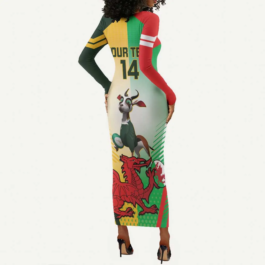 Custom South Africa And Wales Rugby Long Sleeve Bodycon Dress Springboks Welsh Mascots Dynamic Version LT14