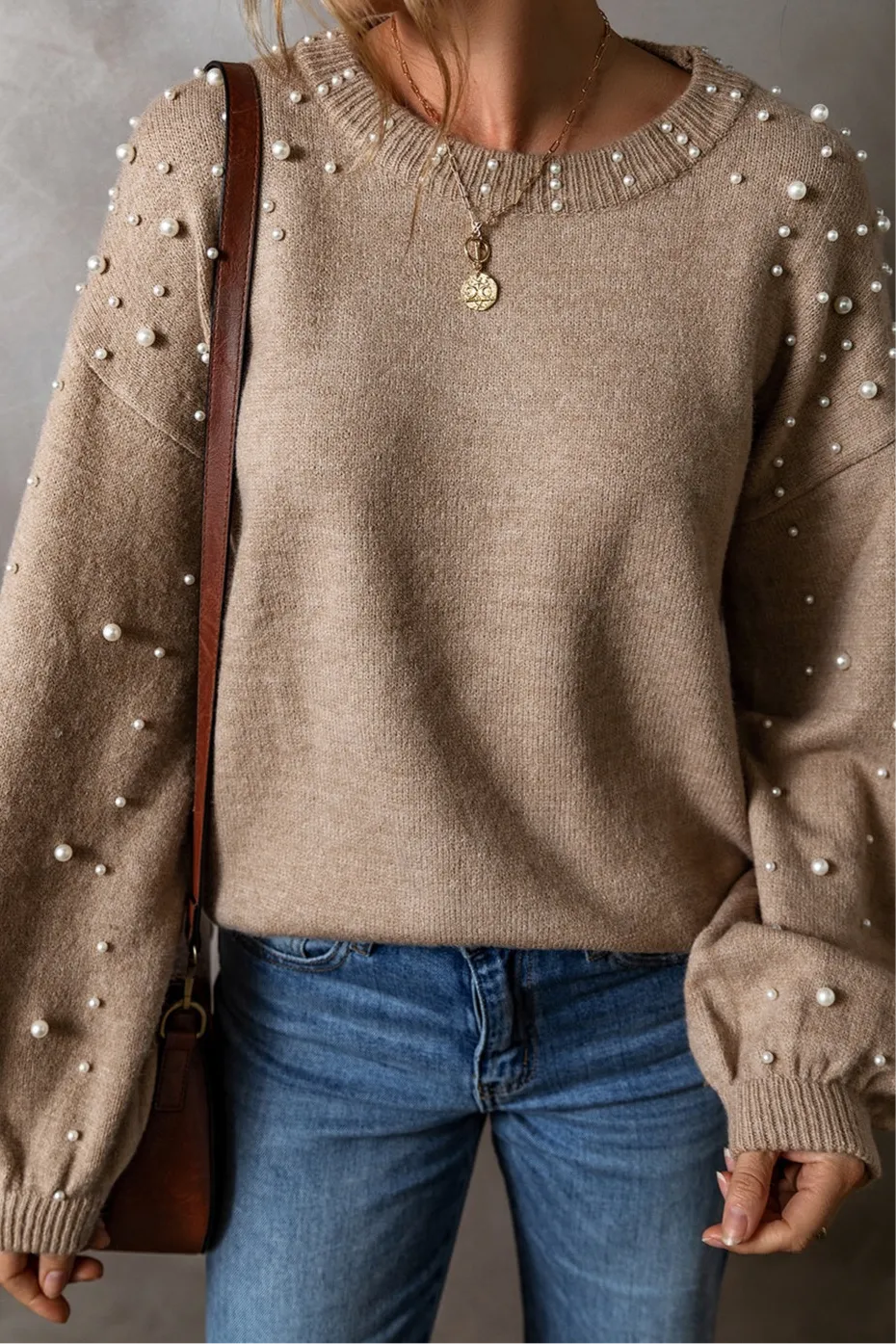 Cybil Pearl Detail Round Neck Long Sleeve Sweater