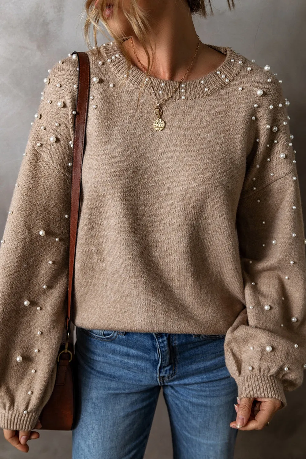 Cybil Pearl Detail Round Neck Long Sleeve Sweater