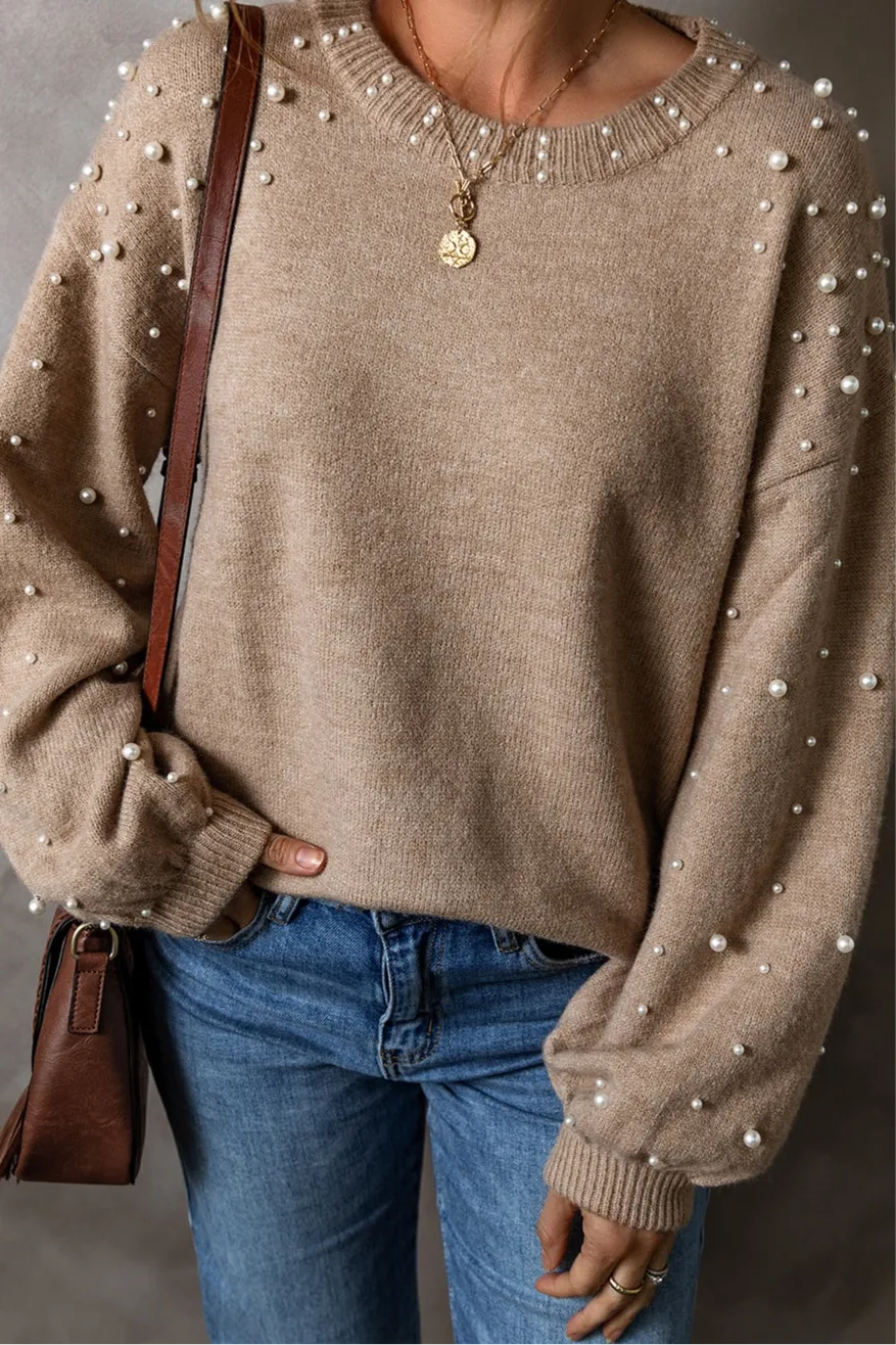Cybil Pearl Detail Round Neck Long Sleeve Sweater
