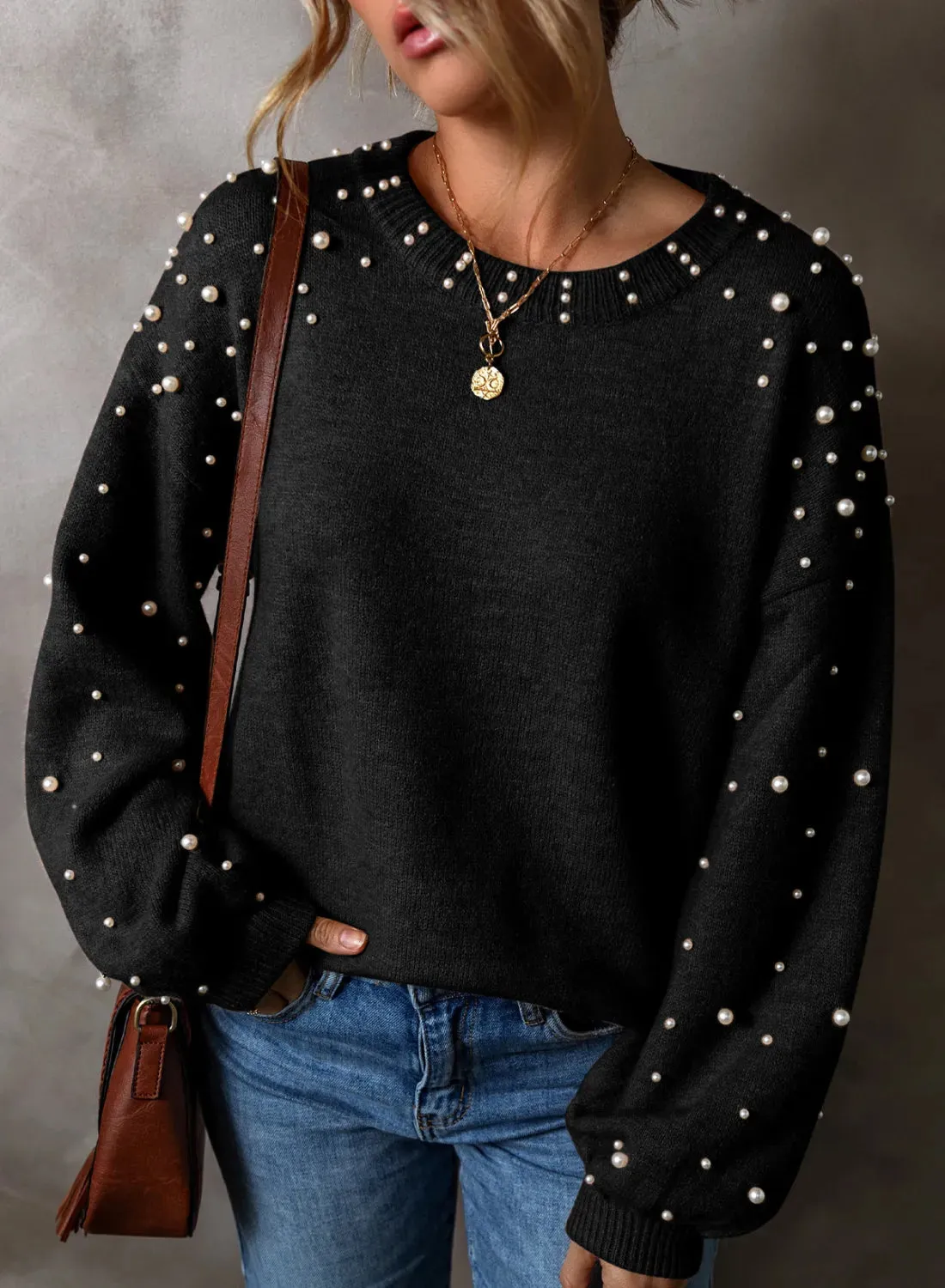 Cybil Pearl Detail Round Neck Long Sleeve Sweater
