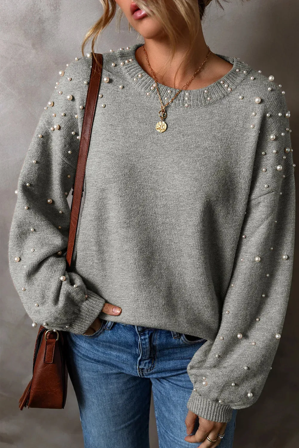 Cybil Pearl Detail Round Neck Long Sleeve Sweater