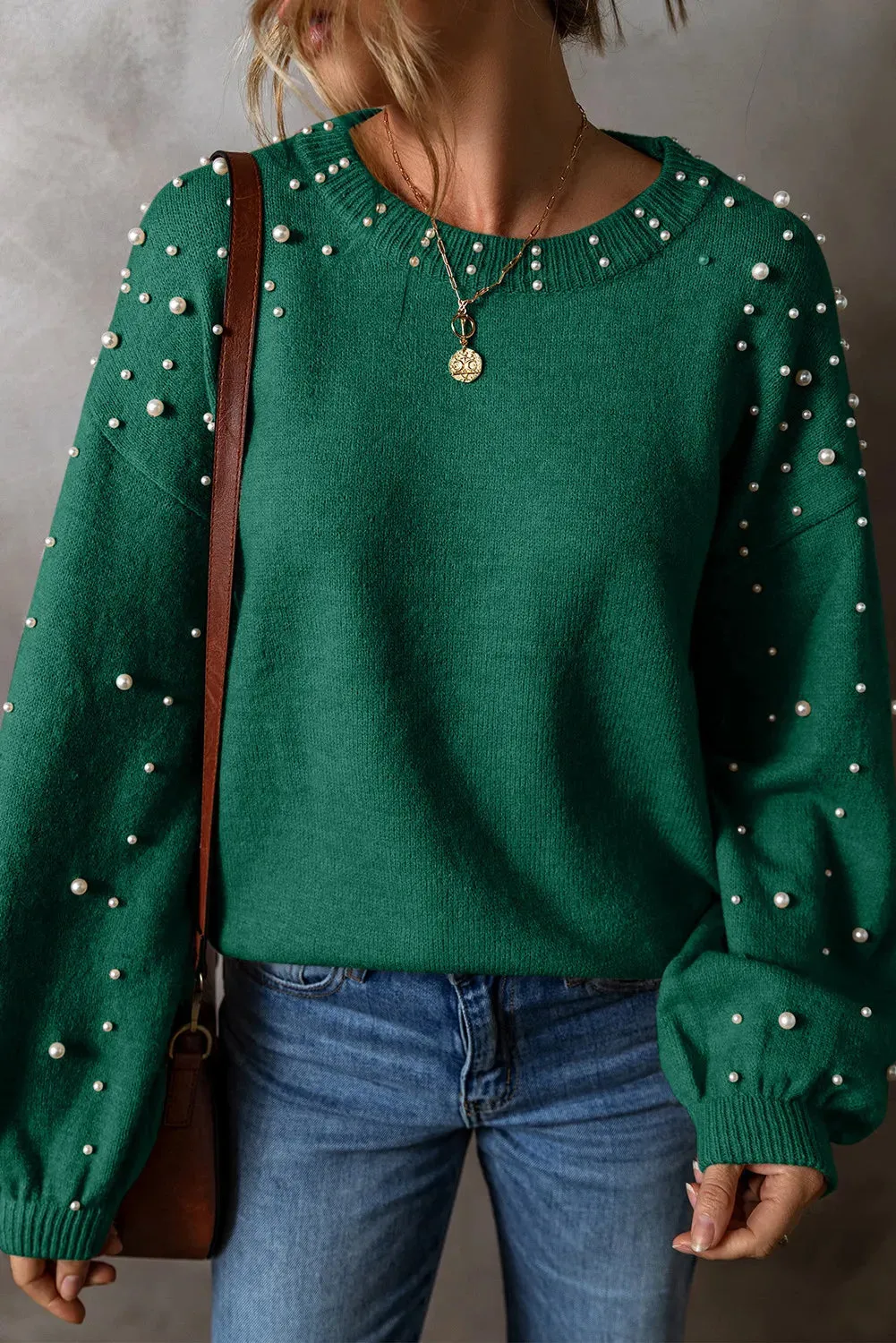 Cybil Pearl Detail Round Neck Long Sleeve Sweater
