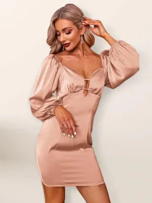 Deep V Neck Mini Dress with Puffed Sleeves and Cut-Out Design