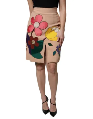 Dolce & Gabbana Beige Floral High Waist Pencil Cut Skirt