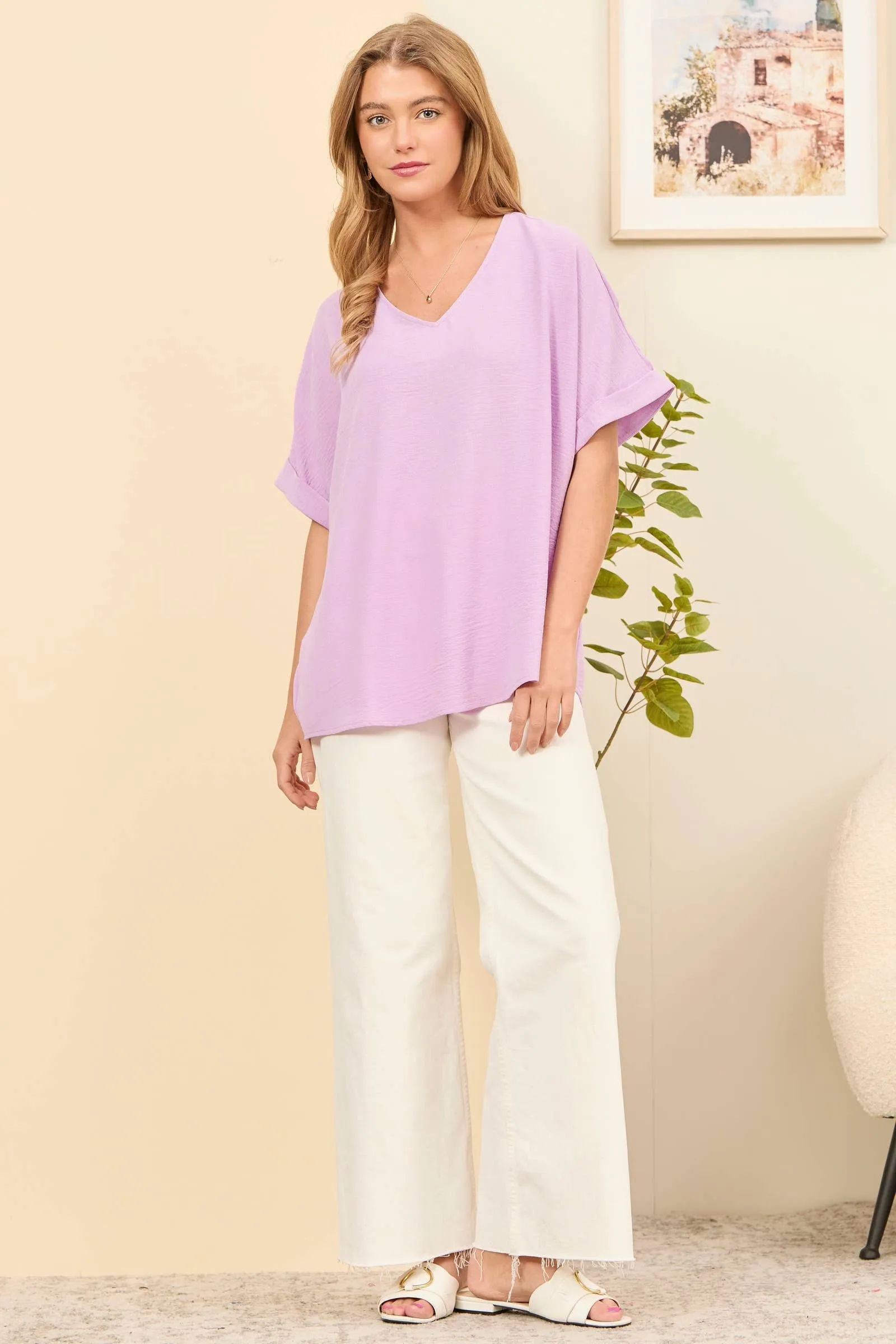 Dolman Sleeve V Neckline Blouse: Lilac