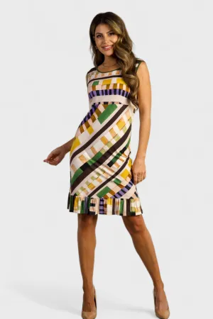 Domizia Sleeveless Ruffle Hem Geo Print Dress