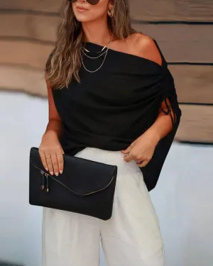 Drawstring Skew Neck Batwing Sleeve Top