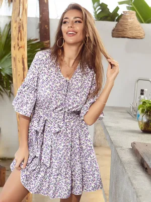 DressBerry Floral Print Flared Sleeve Belted A-Line Dress