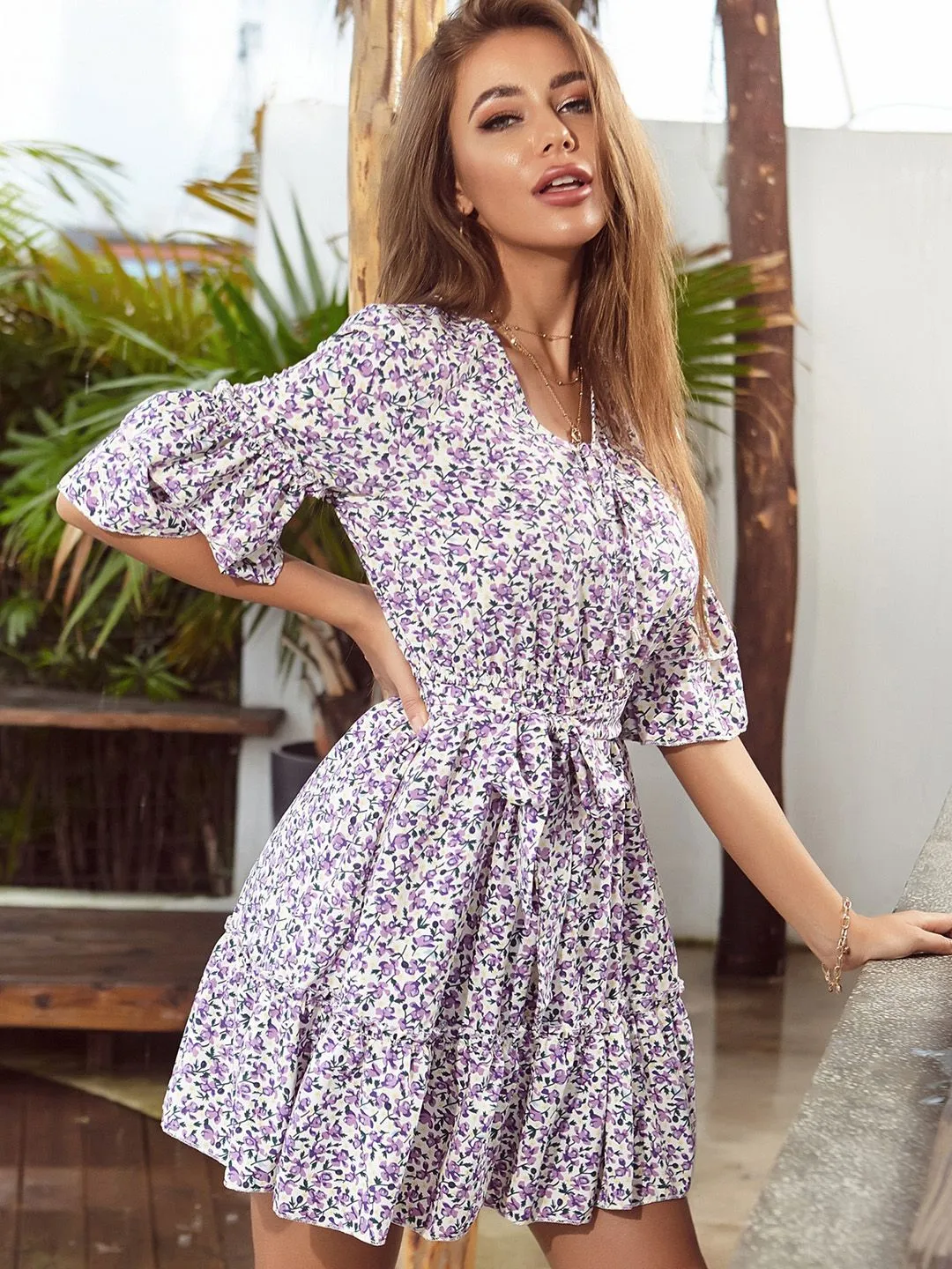 DressBerry Floral Print Flared Sleeve Belted A-Line Dress