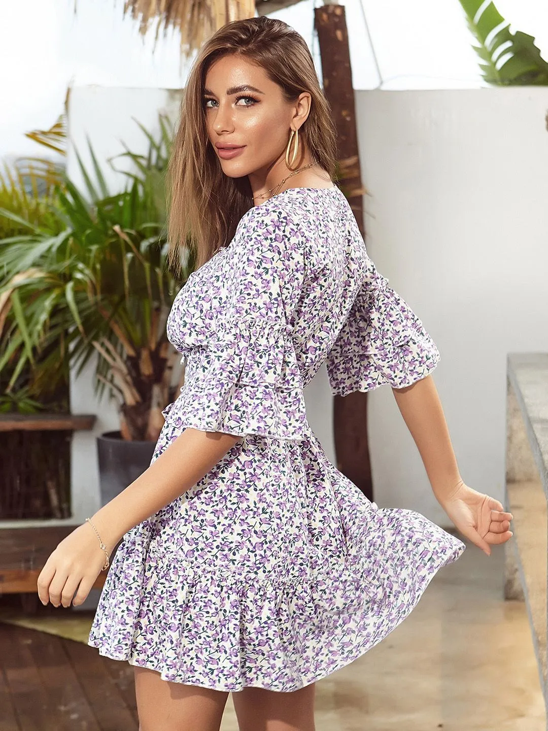 DressBerry Floral Print Flared Sleeve Belted A-Line Dress