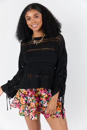 Easy Going Black Open Knit Boat Neck Sweater