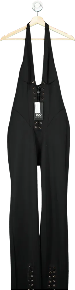 EGO Black Plunge Lace Up Detail Flared Jumpsuit UK 8