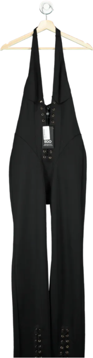 EGO Black Plunge Lace Up Detail Flared Jumpsuit UK 8