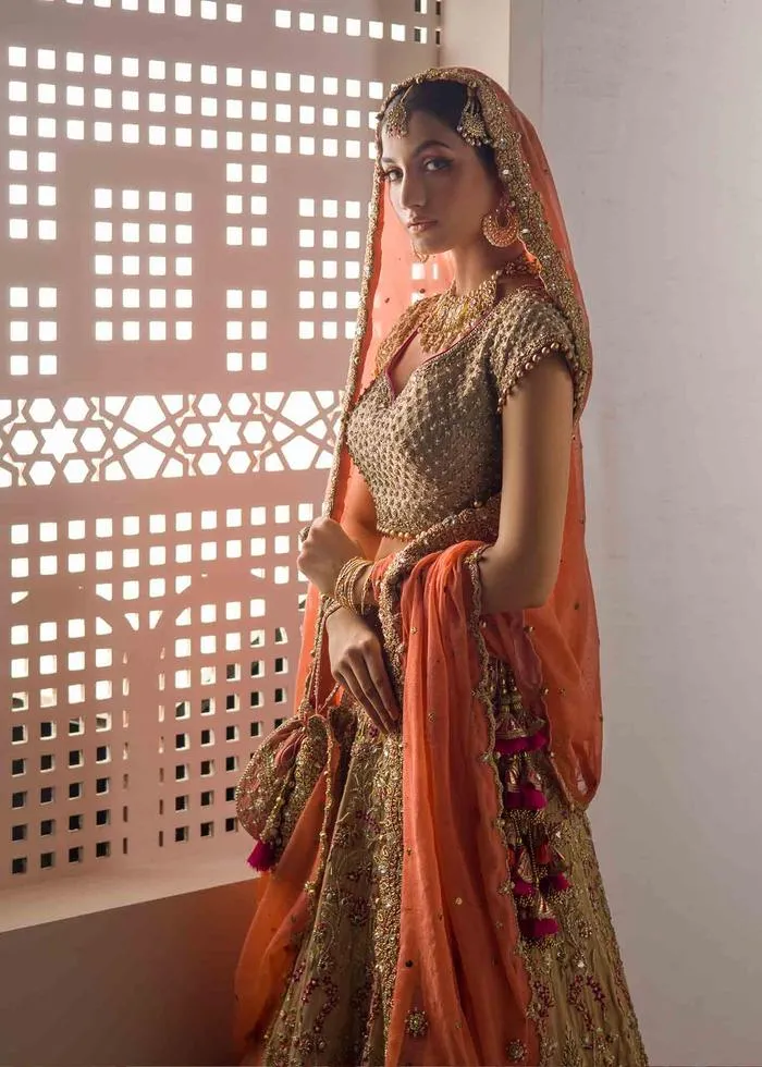 Embroidered Bridal Lehngas with Choli in Golden #BN1090