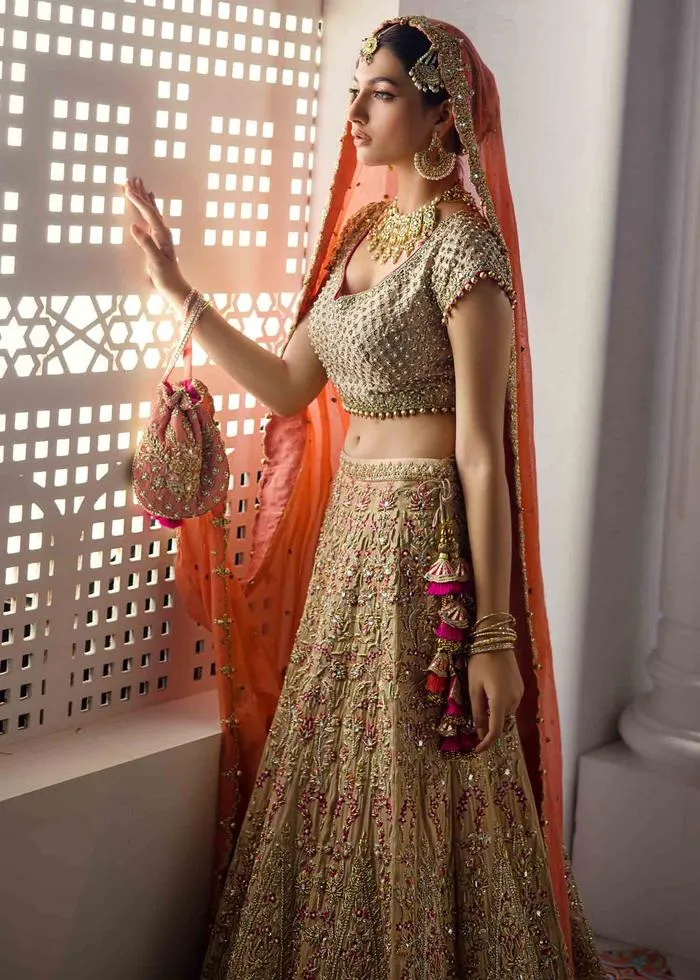 Embroidered Bridal Lehngas with Choli in Golden #BN1090