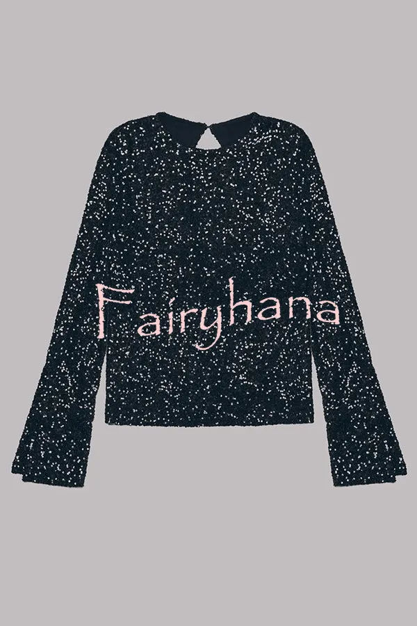 Exclusive Party Sequin Extra Long Slit Sleeves Open Back Top