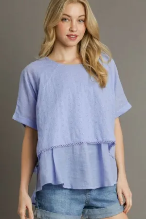 Eyelet Layered Short Sleeve Blouse - Light Blue