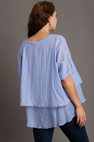 Eyelet Layered Short Sleeve Blouse - Light Blue
