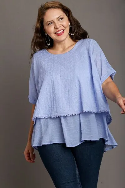 Eyelet Layered Short Sleeve Blouse - Light Blue