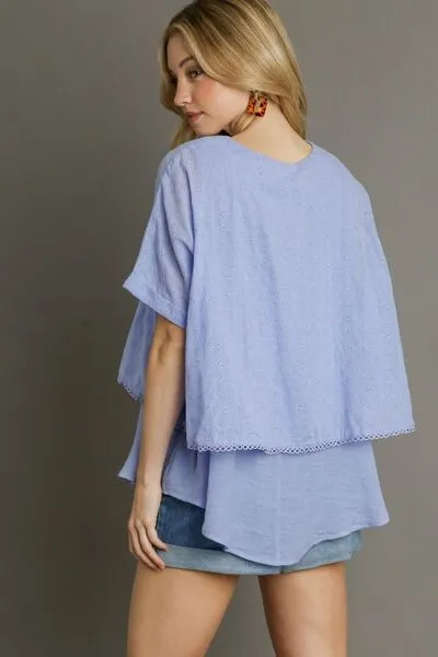 Eyelet Layered Short Sleeve Blouse - Light Blue