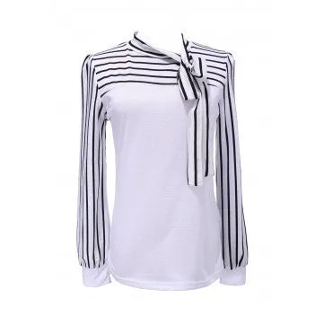 Fashion OL Tops Women Ladies Stripe Lantern Long Sleeve Turtleneck Bowknot Slim Shirts Blouses