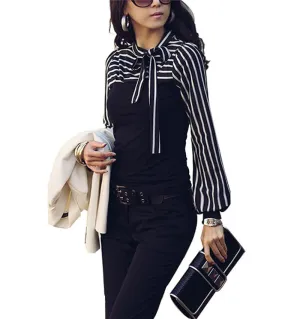 Fashion OL Tops Women Ladies Stripe Lantern Long Sleeve Turtleneck Bowknot Slim Shirts Blouses