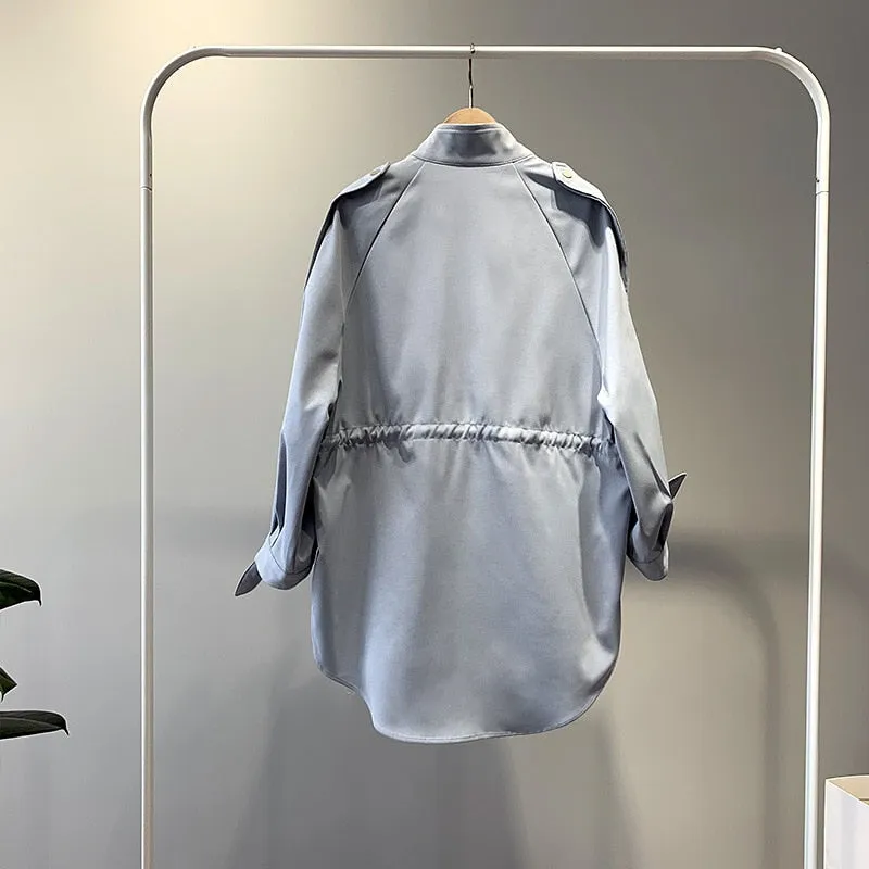 Fashion Trench Coats Female Spring Windbreaker Drawstring Coats Casual Loose Safari Clothes Stand Collar