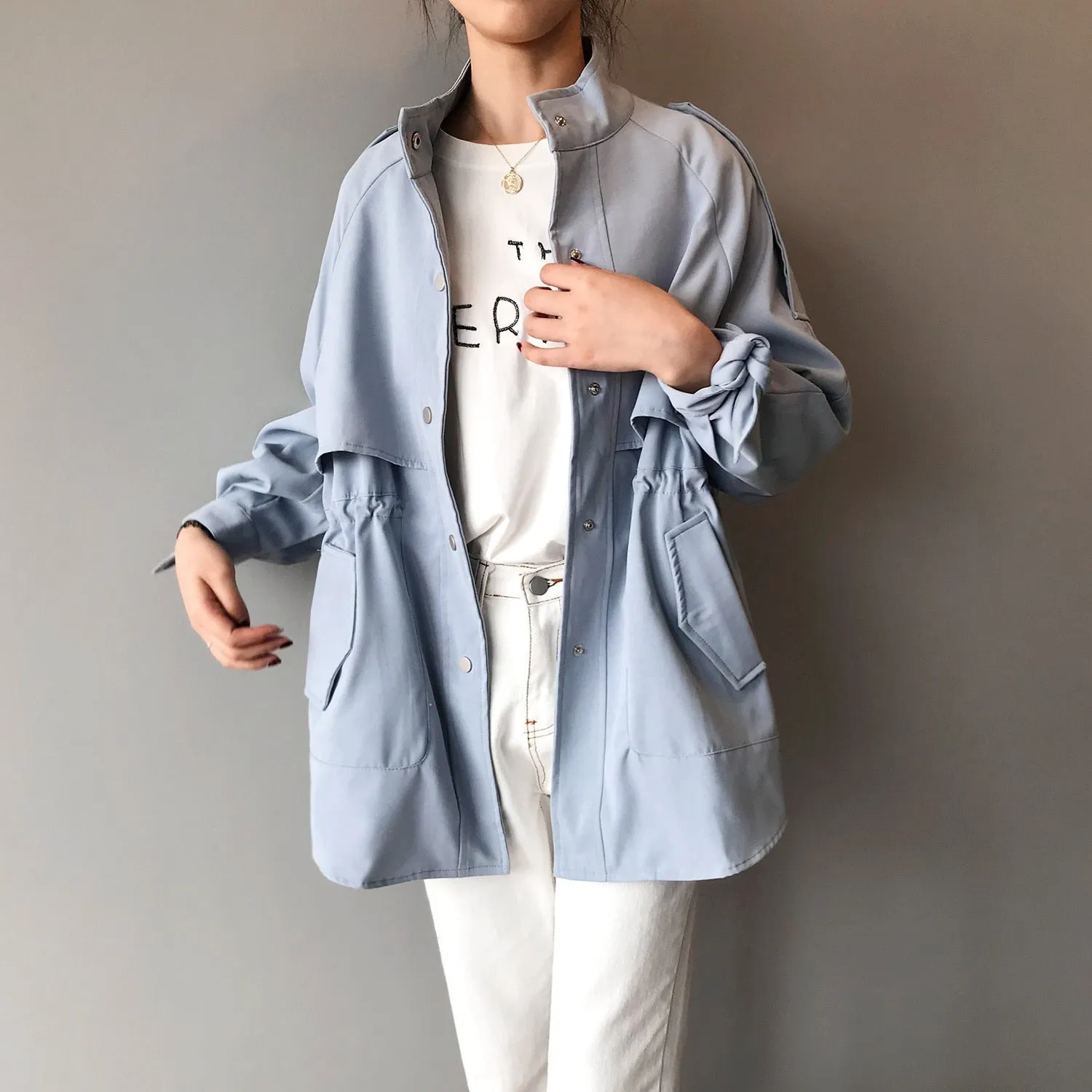 Fashion Trench Coats Female Spring Windbreaker Drawstring Coats Casual Loose Safari Clothes Stand Collar