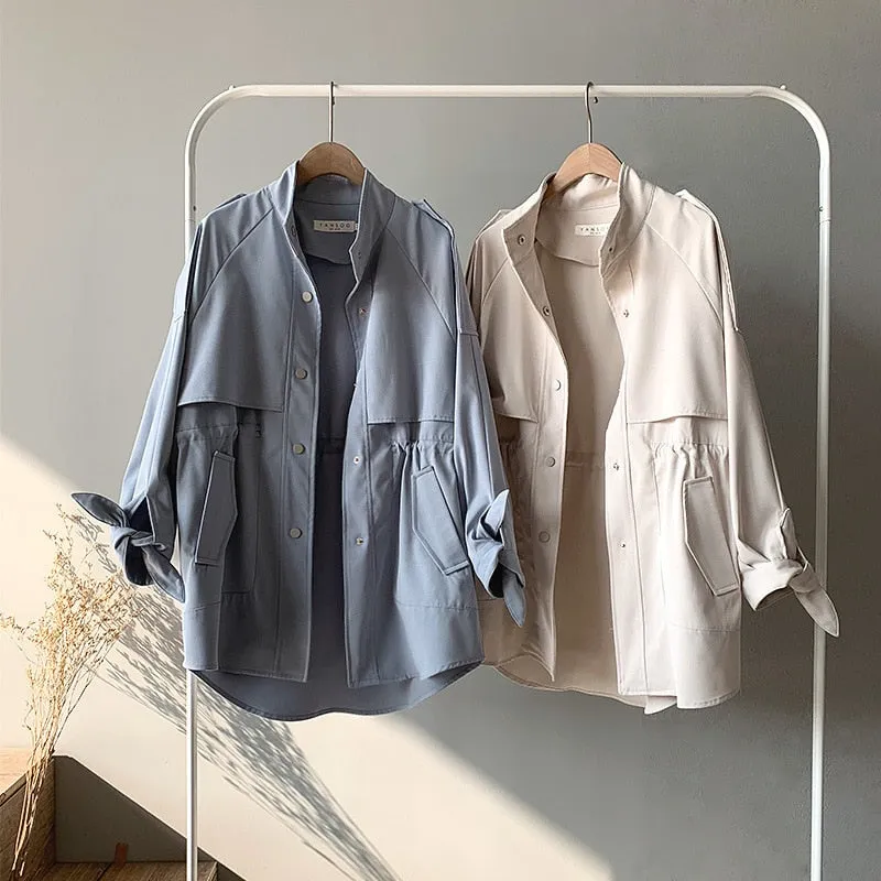 Fashion Trench Coats Female Spring Windbreaker Drawstring Coats Casual Loose Safari Clothes Stand Collar