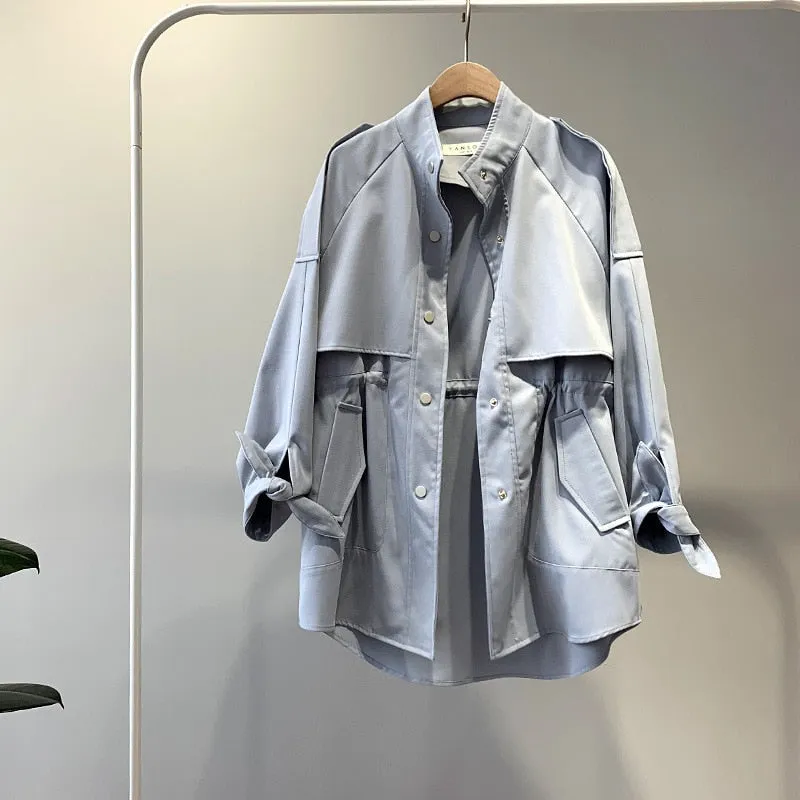 Fashion Trench Coats Female Spring Windbreaker Drawstring Coats Casual Loose Safari Clothes Stand Collar