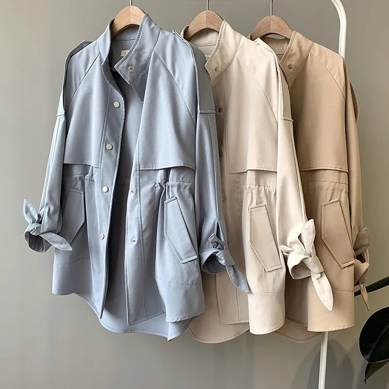 Fashion Trench Coats Female Spring Windbreaker Drawstring Coats Casual Loose Safari Clothes Stand Collar