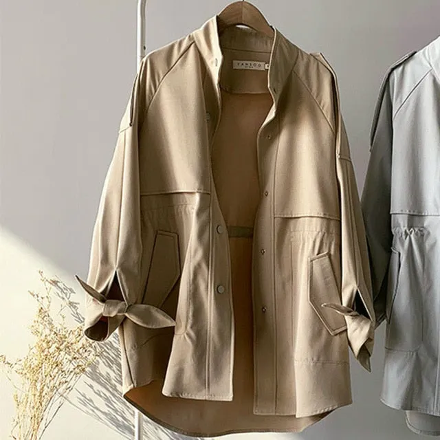 Fashion Trench Coats Female Spring Windbreaker Drawstring Coats Casual Loose Safari Clothes Stand Collar