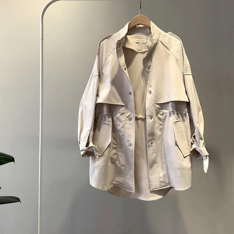 Fashion Trench Coats Female Spring Windbreaker Drawstring Coats Casual Loose Safari Clothes Stand Collar