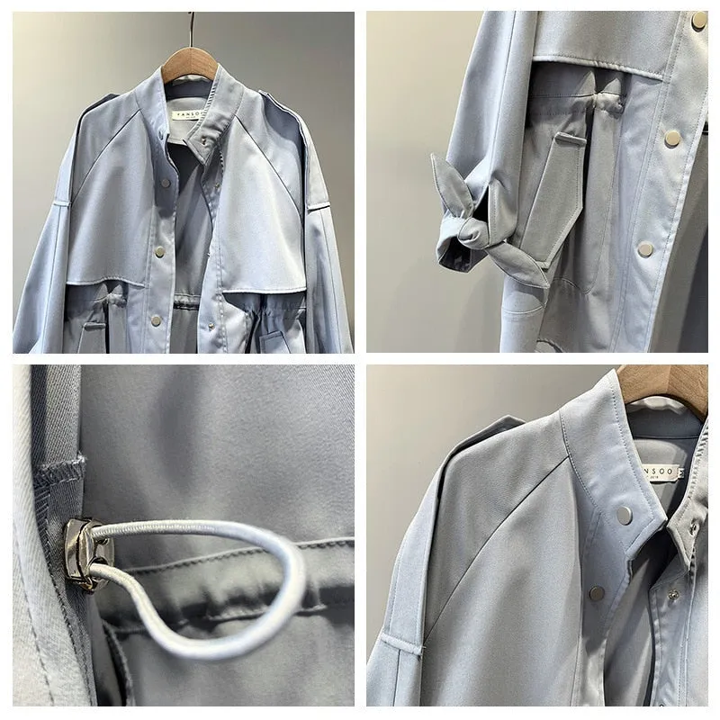 Fashion Trench Coats Female Spring Windbreaker Drawstring Coats Casual Loose Safari Clothes Stand Collar