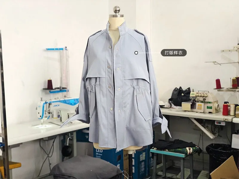 Fashion Trench Coats Female Spring Windbreaker Drawstring Coats Casual Loose Safari Clothes Stand Collar