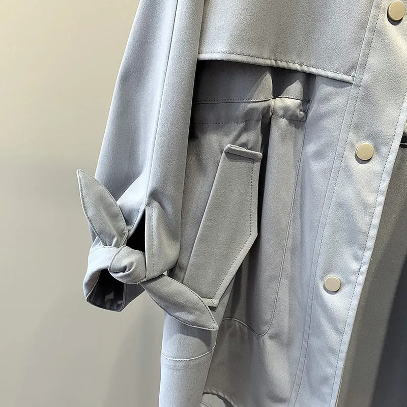 Fashion Trench Coats Female Spring Windbreaker Drawstring Coats Casual Loose Safari Clothes Stand Collar